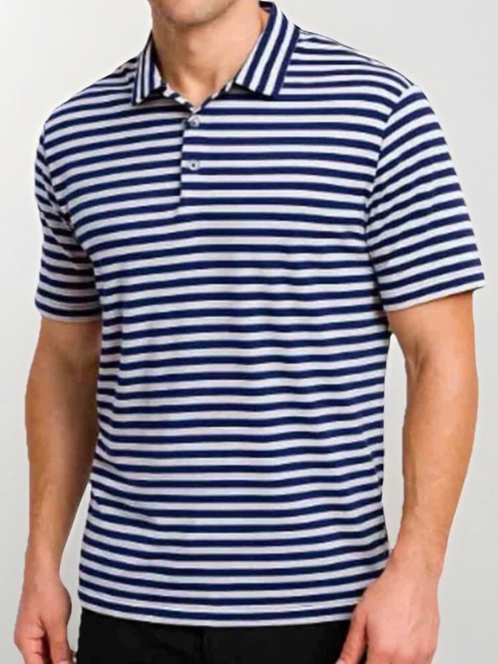RLX Polo Ralph Lauren Men XL White Navy Blue Striped Short Sleeve Wicking Shirt